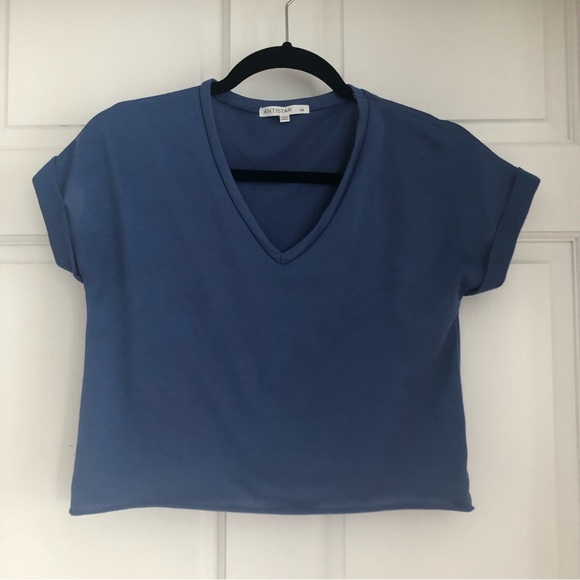 Blue V Neck Crop Top Short Sleeve T Shirt - Picture 1 of 5